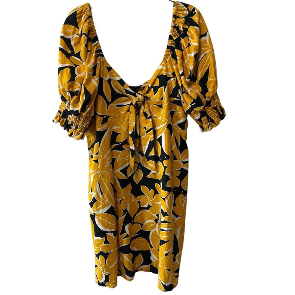 Who What Wear Serengeti Palm Puff Sleeve Dress Black Yellow Size XXL